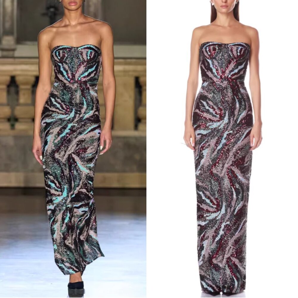 Bronx and Banco Strapless Sequin Maxi Dress in Black, Teal & Burgundy